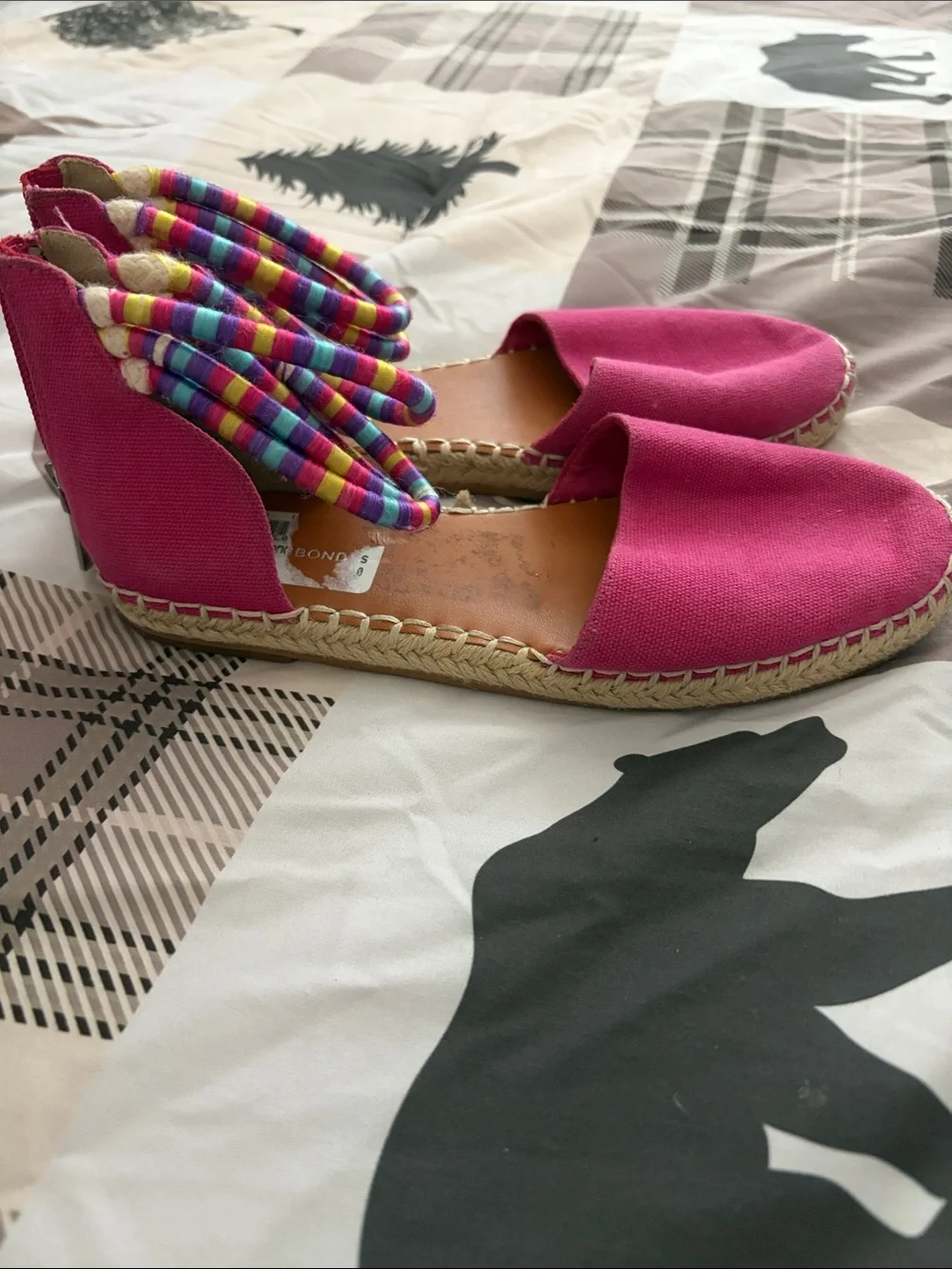 Treasure & Bond Bright Pink Canvas Espadrilles with Rainbow Striped Ankle Wraps